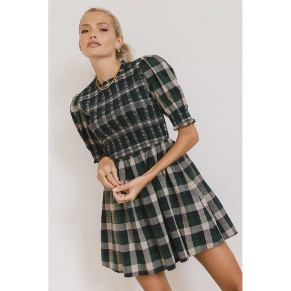 bohme Dresses & Skirts - BOHME Emmett Plaid Mini Dress Women Medium Navy Green Smocked Puff Sleeve Tiered